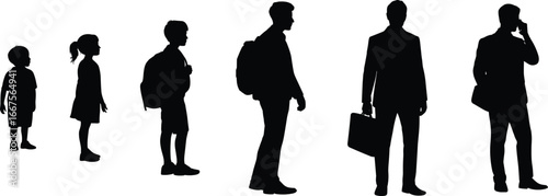 Childhood to adulthood progression, growing up stages, life journey silhouette, age transition concept, human development timeline, career path growth