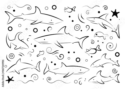 Collection of striking shark silhouettes featuring a powerful hammerhead design perfect for aquatic advertisements and marine life banners