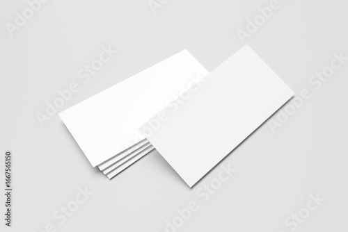 Stack of blank white DL flyers or brochures for mockup isolated on light grey background