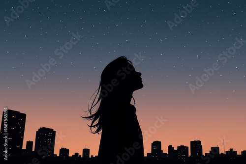 夜空を見上げる女性のシルエット、星が輝く都会の風景