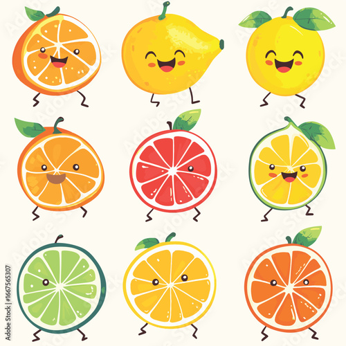 Set slice lemon orange lime cute character cartoon citrus fruit emotions joy happiness smiling face jumping running beautiful vector illustration