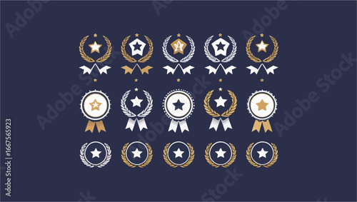 Fifteen badges and emblems ideal for luxury branding projects, packaging design, and certificates with elegant gold, silver, and white tones.