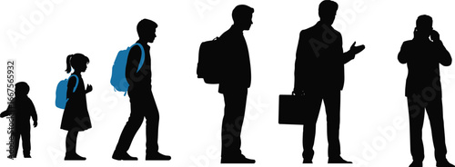 Life stages of a man silhouette evolution from childhood to adulthood, education to career growth, concept of human development journey