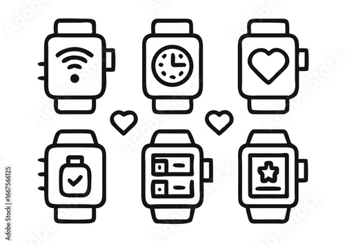 Comprehensive smart watch icon collection featuring adjustable line weight for diverse digital applications and user interface design elements
