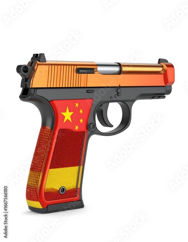 A semi-automatic pistol with a unique design incorporating the Chinese flag on its grip