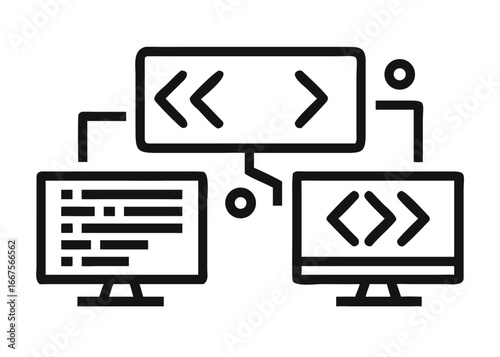 Charming hand drawn line art doodle collection representing various software coding and development concepts presented as a simple graphic set