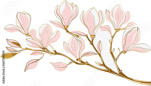 Magnolia branch with soft pink blossoms. Ideal for spring and naturethemed designs, greeting cards, and botanical wallpapers.