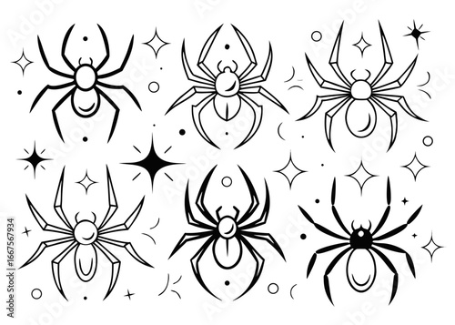 A diverse collection of artistic spider illustrations featuring various poses and styles in vivid colors