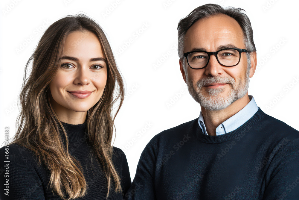The man and woman casual attire business shirt and warm smiles highlight a simple yet strong business partnership standing together on white background. The man and woman casual attire business shirt and warm smiles highlight a simple yet strong business partnership standing together on white background.