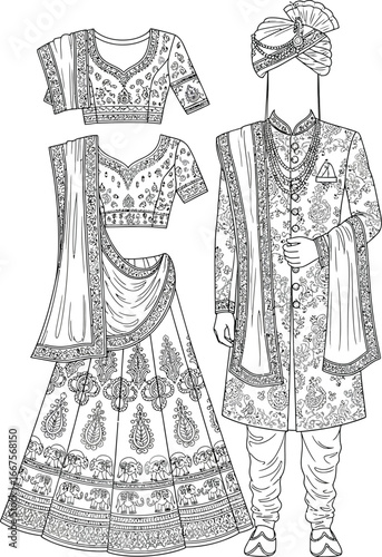 Vector art of continuous line drawing of indian wedding dress