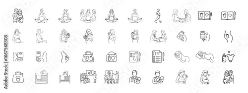 Pregnancy Line Icon Set  Detailed Maternity & Prenatal Care Icons Baby, Motherhood, Hospital, Yoga, Medical, Baby Shower Vector Pack