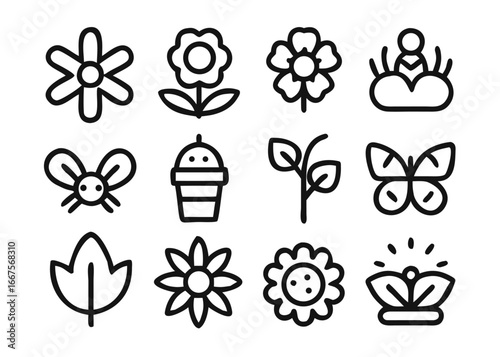 Charming spring season collection featuring adjustable line weight icons for various design projects