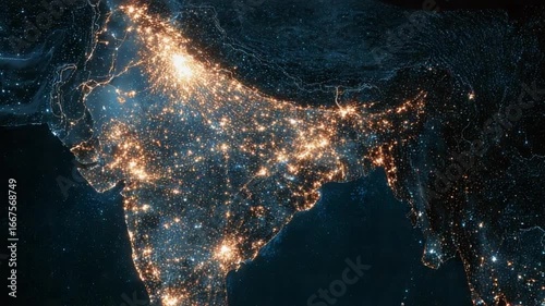 A satellite view of India at night, with illuminated cities and towns