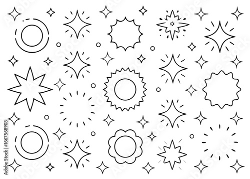 Collection of circular star shaped tags and stickers with multiple color options for design projects
