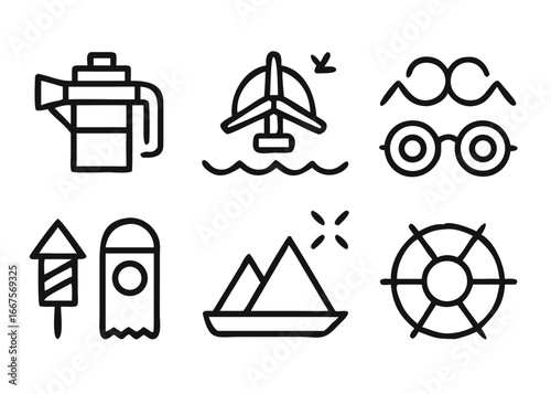 A collection of summer themed graphic elements featuring adjustable line thickness for diverse design applications