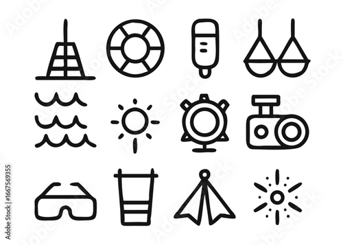 Charming collection of summer themed graphic elements featuring adjustable line weights and vibrant color palettes for diverse design projects