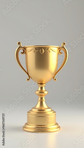 3D render of a shiny golden trophy cup placed on a clean studio background, symbolizing success and achievement.