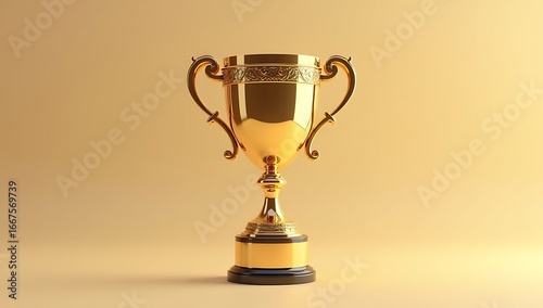 3D render of a shiny golden trophy cup placed on a clean studio background, symbolizing success and achievement.