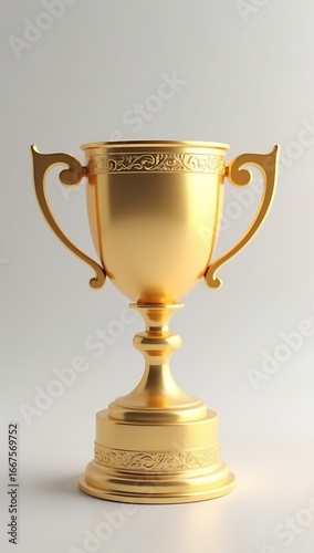 3D render of a shiny golden trophy cup placed on a clean studio background, symbolizing success and achievement.