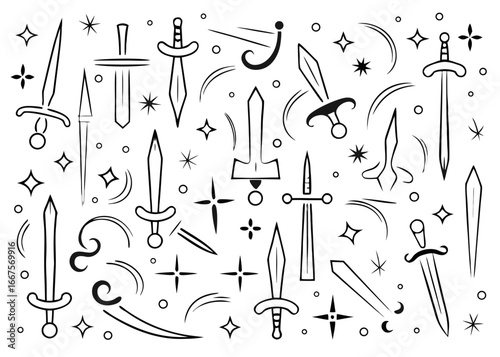 A diverse collection of stylized sword silhouettes featuring classic weapon designs and decorative elements for graphic projects