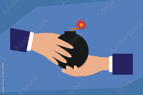  A hand-to-hand transfer of a lit bomb, symbolizing a dangerous deal, risky partnership, or passing on a problem 2d flat vector illustration