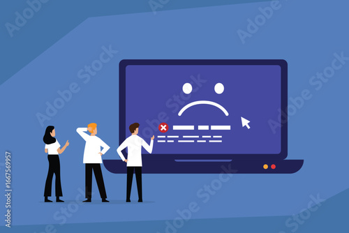  Three confused people looking at a laptop with a blue screen of death, symbolizing computer failure, system error, and technical problems 2d flat vector illustration