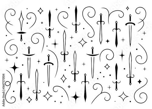 A diverse assortment of sword silhouettes showcasing various blade styles and hilt designs for graphic projects