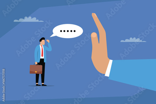 A giant hand raising a "stop" gesture to a businessman, symbolizing rejection, refusal, or being turned away from an opportunity 2d flat vector illustration
