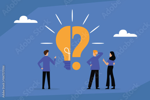Three confused people standing around a broken light bulb that has formed a question mark, symbolizing a lack of ideas, business problems, or a lack of innovation 2d flat vector illustration