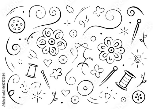 Artistic hand drawn sketch of a tailor s needle elegantly threaded with flowing material perfect for sewing and crafting advertisements