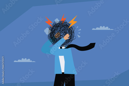 A stressed businessman holding his head, which is filled with tangled lines and lightning bolts, symbolizing stress, anxiety, burnout, and mental pressure from work 2d flat vector illustration