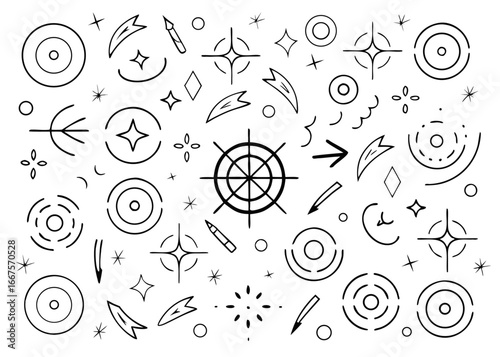 Comprehensive collection of aiming and target icons featuring crosshairs and bullseyes for diverse applications