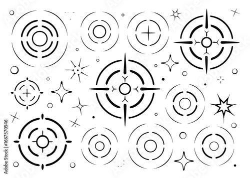 Comprehensive collection of target and aim icons featuring crosshairs and bullseye graphics for precise visual representation and strategic planning applications
