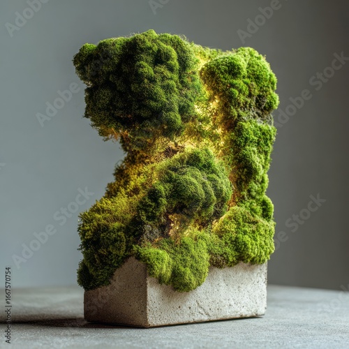 Moss-covered concrete block sculpture.