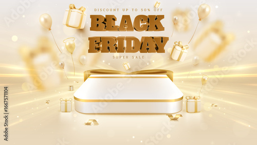 Empty gold gift box shape podium with 3d element and light beam decoration with bokeh effect, Black friday banner template background, Luxury design concept.