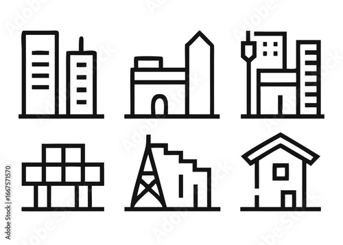 Modern minimalist line art icons representing urban infrastructure elements for city planning and development projects