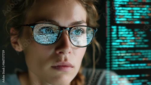 In a dim workspace, a focused woman examines lines of code reflected in her glasses. The screen glows brightly, illuminating her features as she engages in deep analysis late at night.
