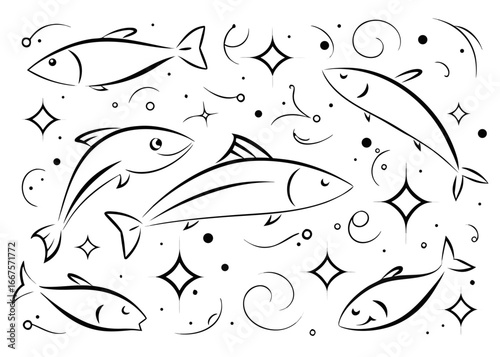 A comprehensive collection of diverse aquatic life forms showcasing various fish species in a stylized artistic presentation