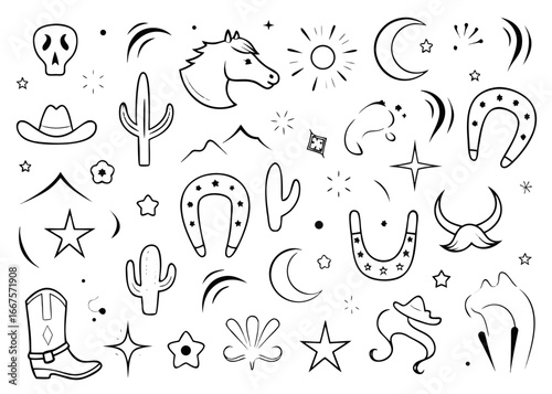 Comprehensive collection of numerous black western themed pictograms for diverse design applications