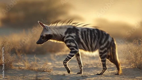 Majestic Striped Hyena Stands Proudly in Golden Desert Sunlight, Ears Alert