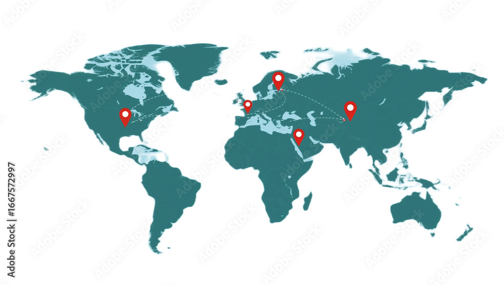 Obraz premium A world map illustration with red location pins indicating various points across continents, connected by faint lines.