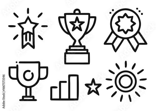 A striking business icon representing achievement and leadership featuring a stylized award or trophy with a triumphant flag and celebratory elements in a clean doodle art style