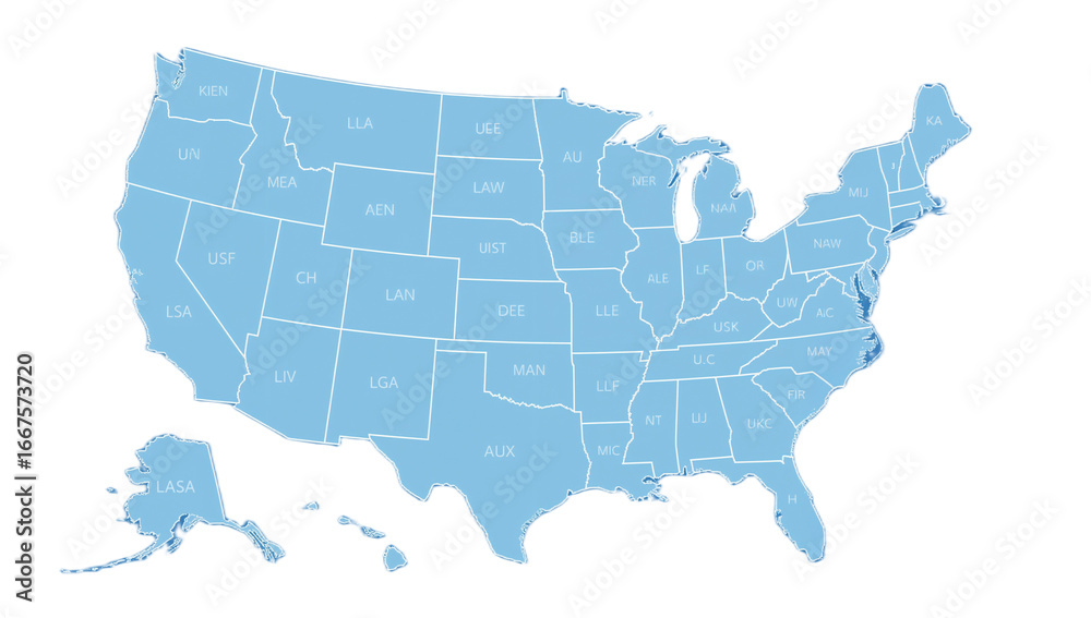 Fototapeta premium A map of the United States of America, with each state highlighted in a light blue color and labeled with its abbreviation.