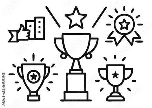 A striking business icon set featuring a triumphant leader holding a prestigious award symbolizing achievement and corporate success in a clean doodle style