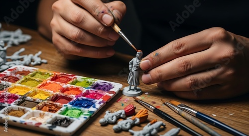 Close-up of hands painting a miniature figure with paintbrushes and a palette of colors.