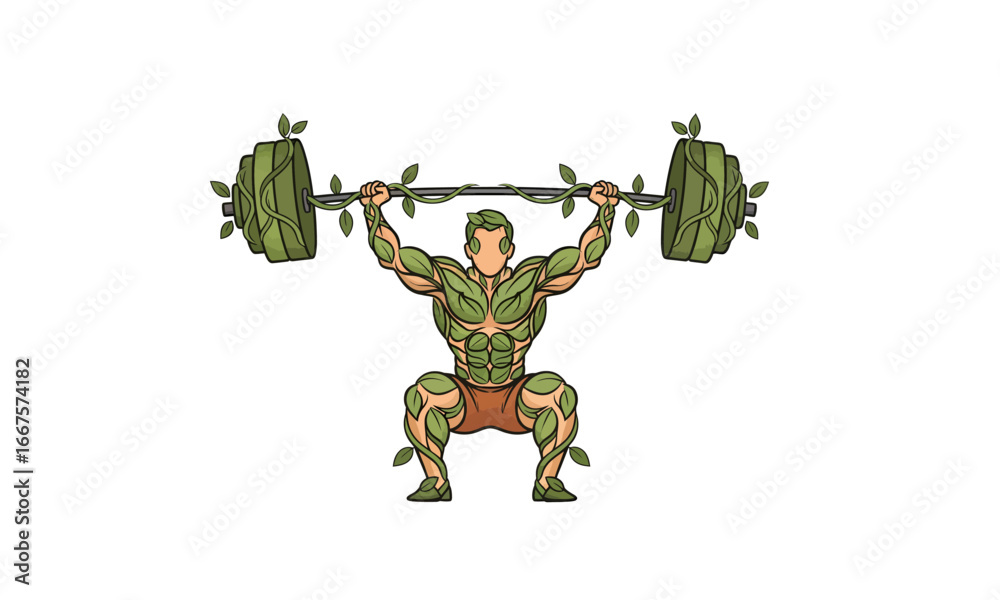 Fototapeta premium Eco-conscious botanical vector of Olympic weightlifter lifting barbell with vine-shaped accents, flat earthy tones, white background.