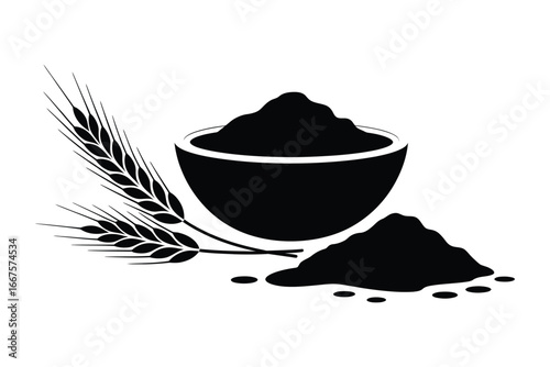 Wheat flour in a bowl with wheat stalks icon