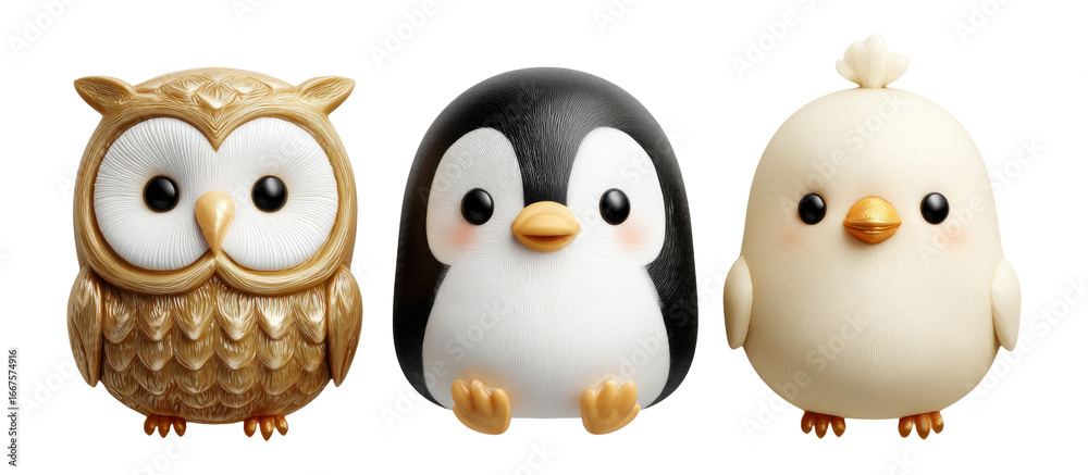 Fototapeta premium Cute Cartoon Figurines of Owl, Penguin, and Chick on White Background