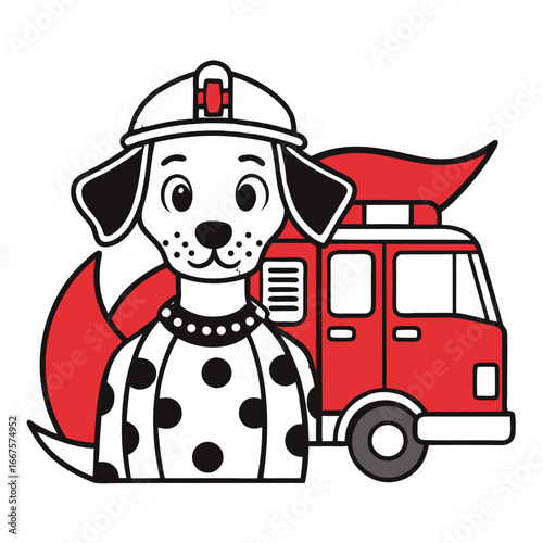 Adorable Dalmatian firefighter pup with red truck, ready for heroic adventures and community service