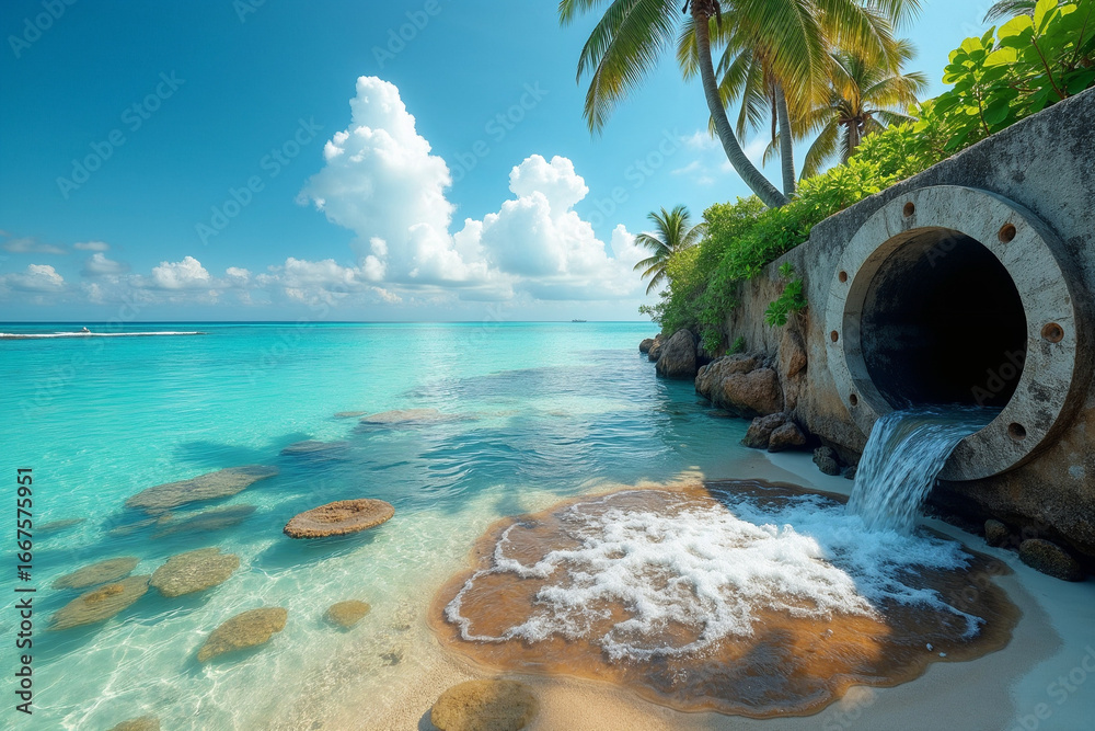 Fototapeta premium Tropical Beach Pollution: A Rusty Pipe Pouring Out Waste